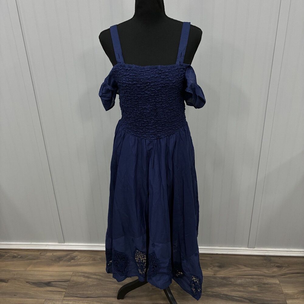 NWT Lane Bryant Women's 14/16 Navy Blue Smocked Cold Shoulder Midi Cotton Dress